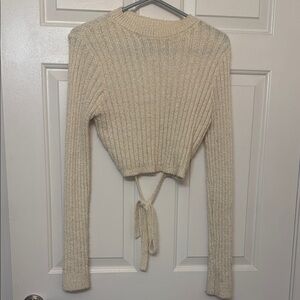 Cropped Ribbed Tie-Back Sweater in Ivory